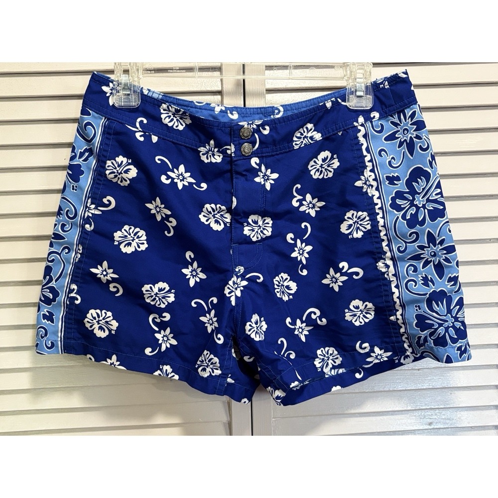 Rusty Women's Swim Short Hawaiian Blue/White Size M Snap Mid Rise Beach